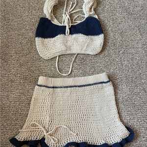 Crochet Two-Piece Set in Cream and Navy